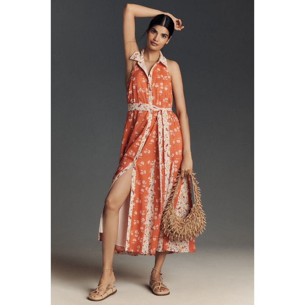 Maeve Halter Open-Back Godet Midi Shirt Dress Peach Daisy Retro Boho Cottagecore